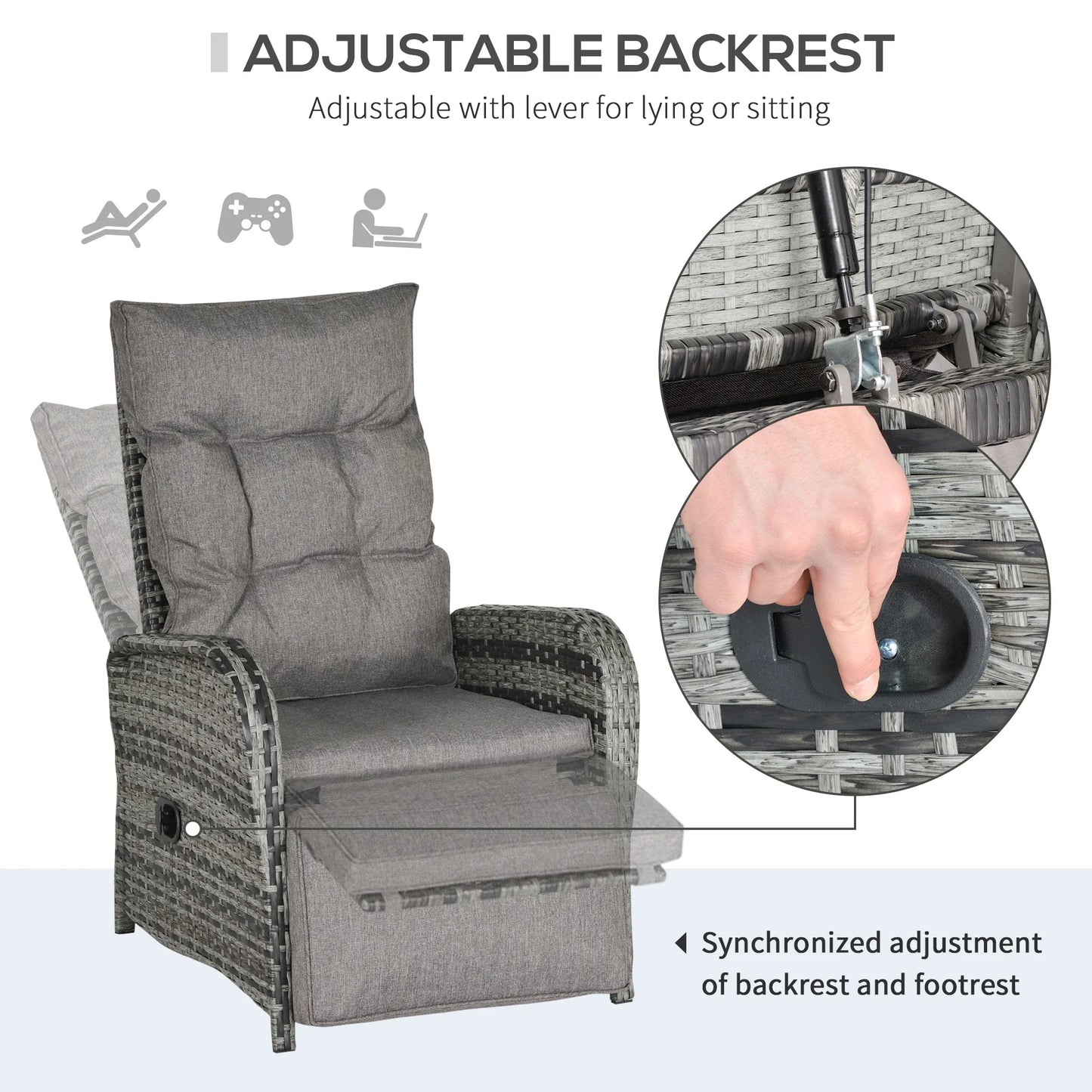 2 Seater Patio Wicker Chaise Lounge Sofa Set with Fabric Cushion, Grey