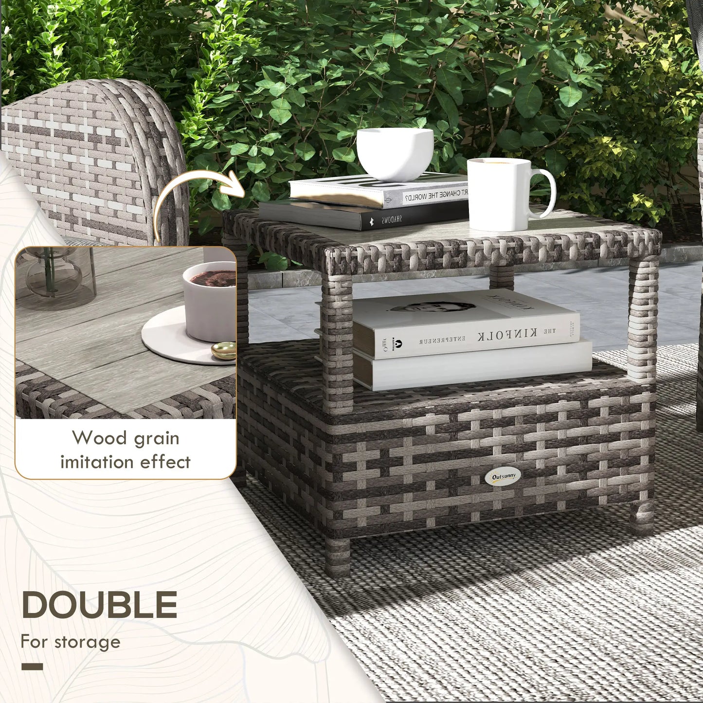 2 Seater Patio Rattan Chaise Lounge Sofa Set with Fabric Cushion, Grey and Brown