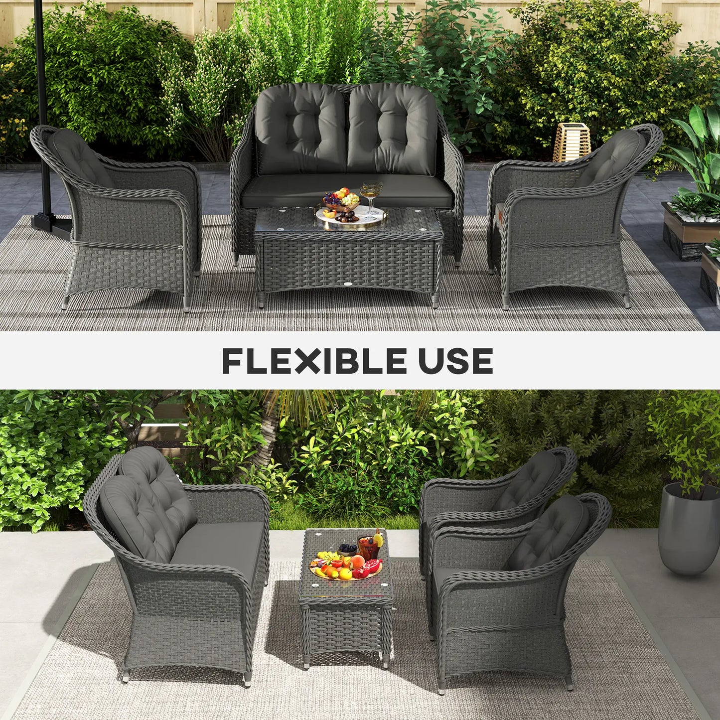 Four-Piece Rattan Sofa Set, with Glass-Top Table - Light Grey