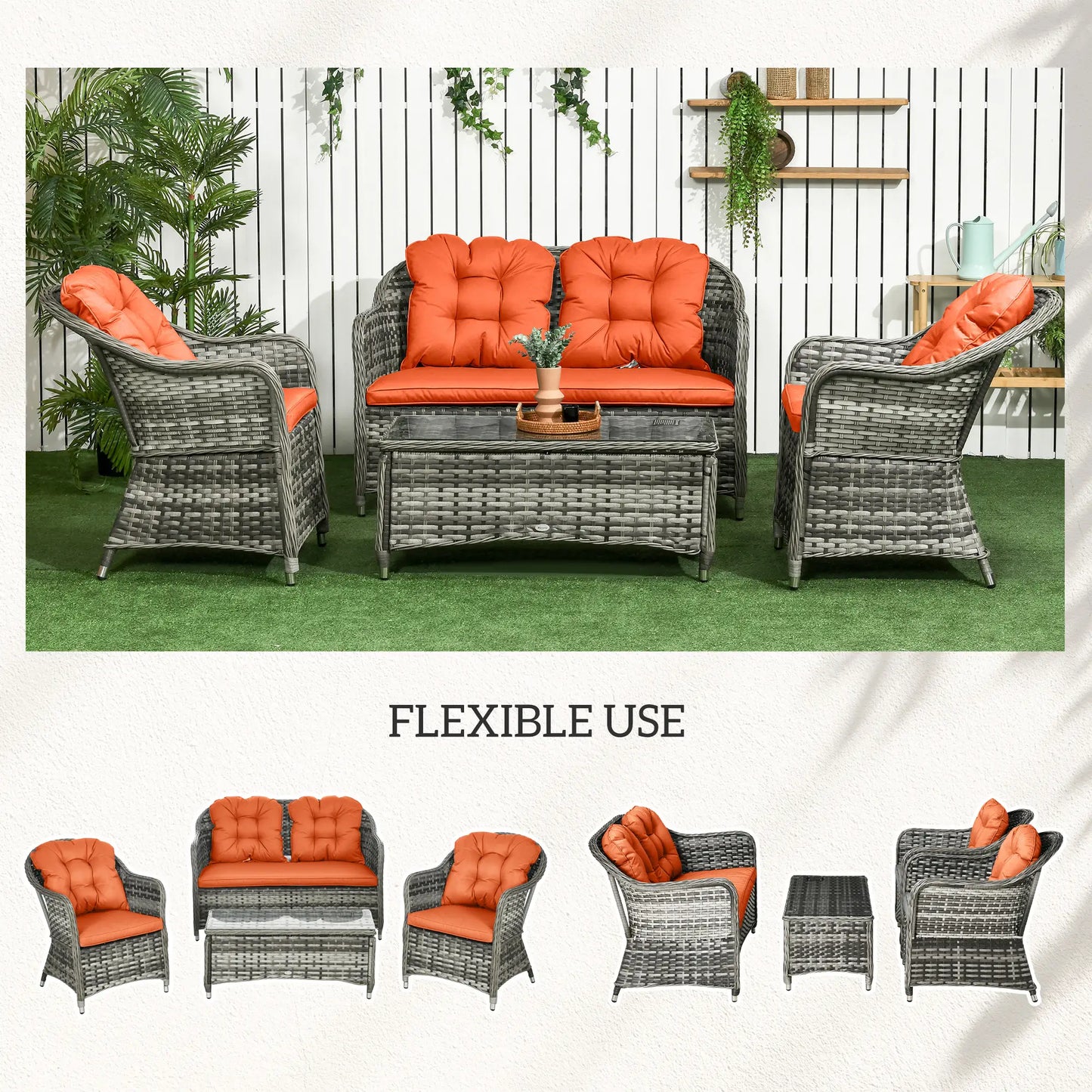 Four-Piece Rattan Sofa Set, with Glass-Top Table - Orange