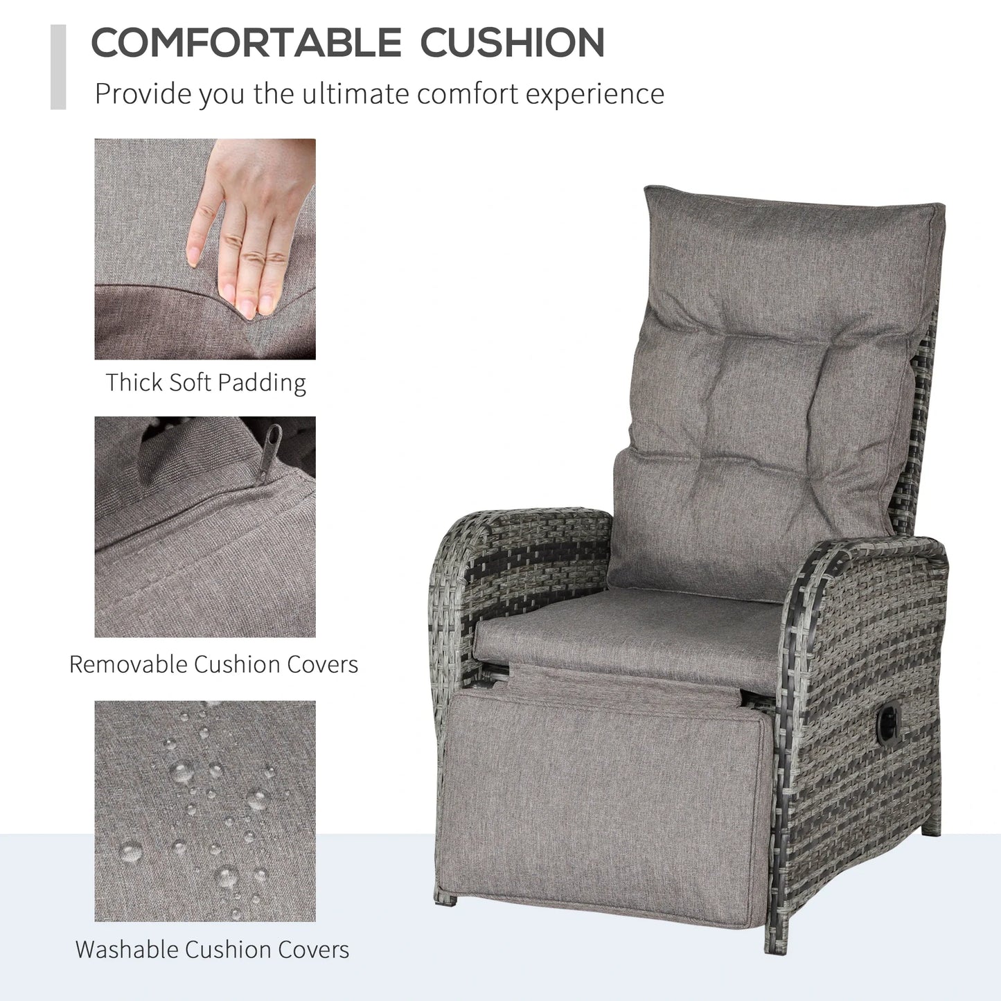 2 Seater Patio Wicker Chaise Lounge Sofa Set with Fabric Cushion, Grey