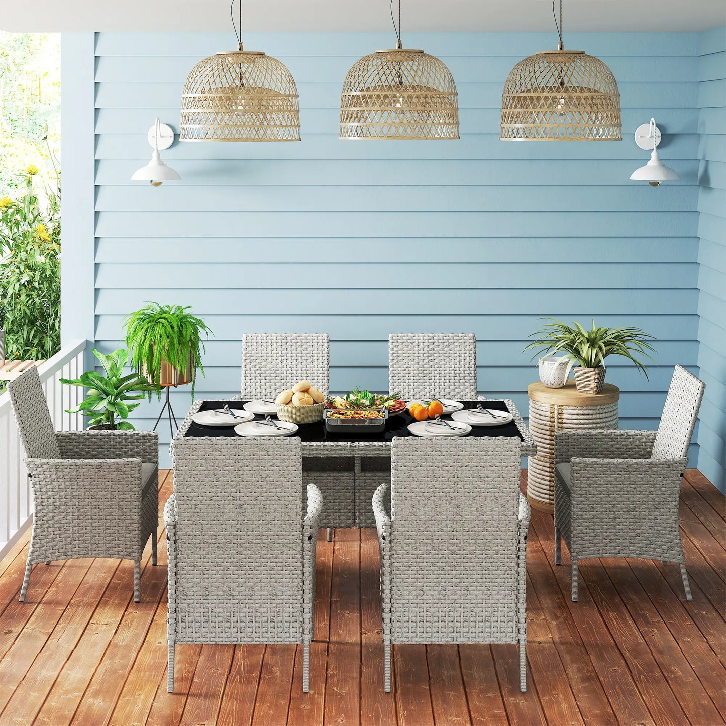 Seven-Piece Rattan Dining Set - Grey