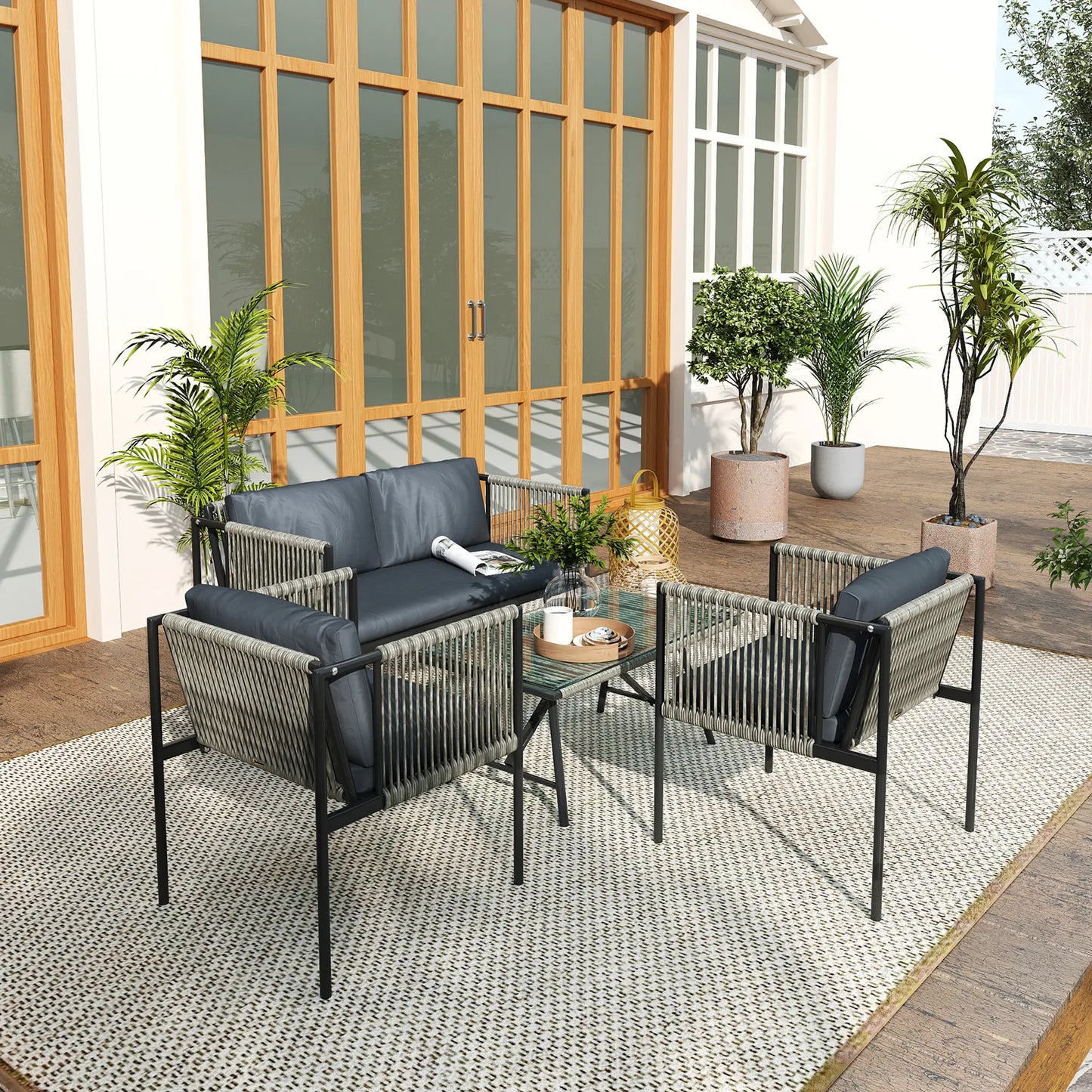 Four-Piece Round Rattan Rope Sofa Set - Grey