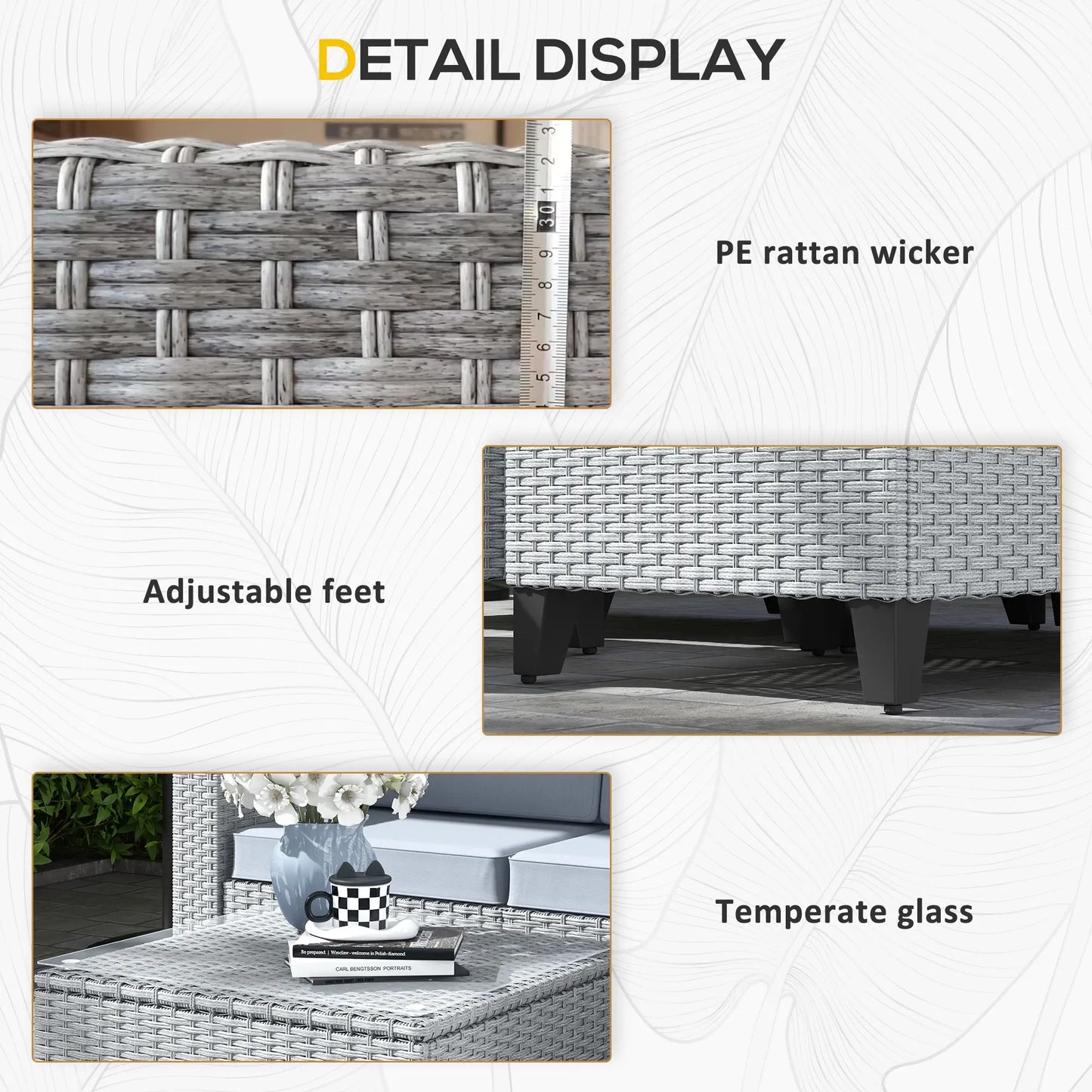 5-Piece Rattan Patio Furniture Set with Corner Sofa, Footstools, Coffee Table, for Poolside, Grey