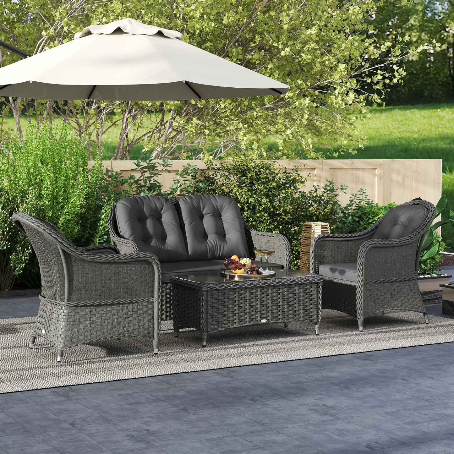 Four-Piece Rattan Sofa Set, with Glass-Top Table - Light Grey