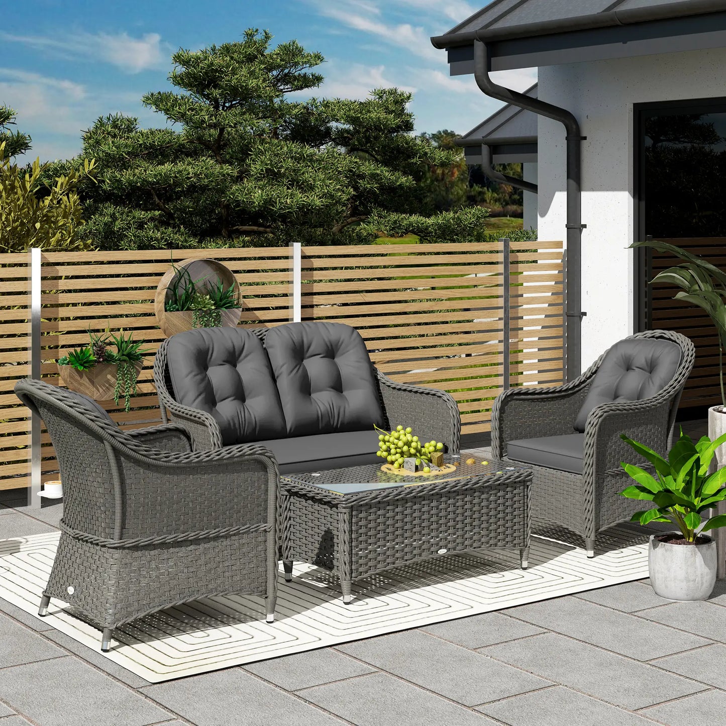 Four-Piece Rattan Sofa Set, with Glass-Top Table - Light Grey