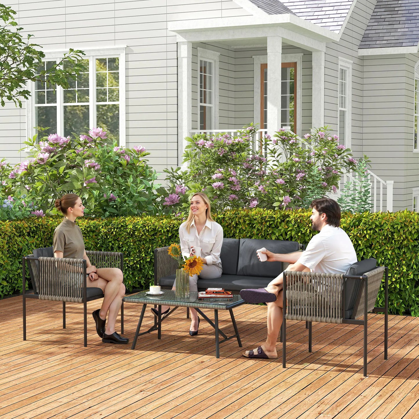 Four-Piece Round Rattan Rope Sofa Set - Grey