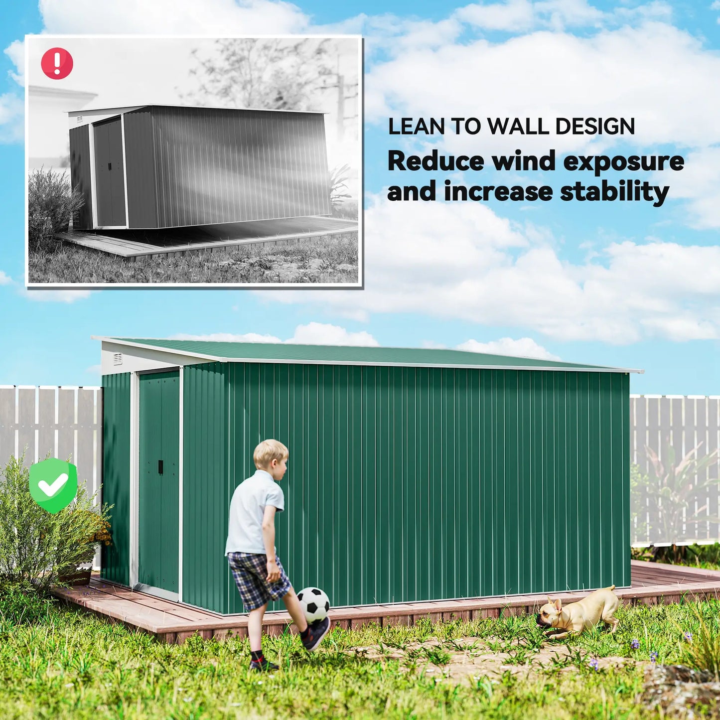 Garden Metal Storage Shed Outdoor Metal Tool House with Double Sliding Doors and 2 Air Vents, 11.3x9.2ft, Green