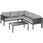 5 Seater Garden Corner Sofa Set, 4 Pieces Metal Garden Furniture Set with Loveseats, Glass Top Coffee Table, Breathable Mesh Pocket, Outdoor Conversation Furniture with Cushions, Light Grey