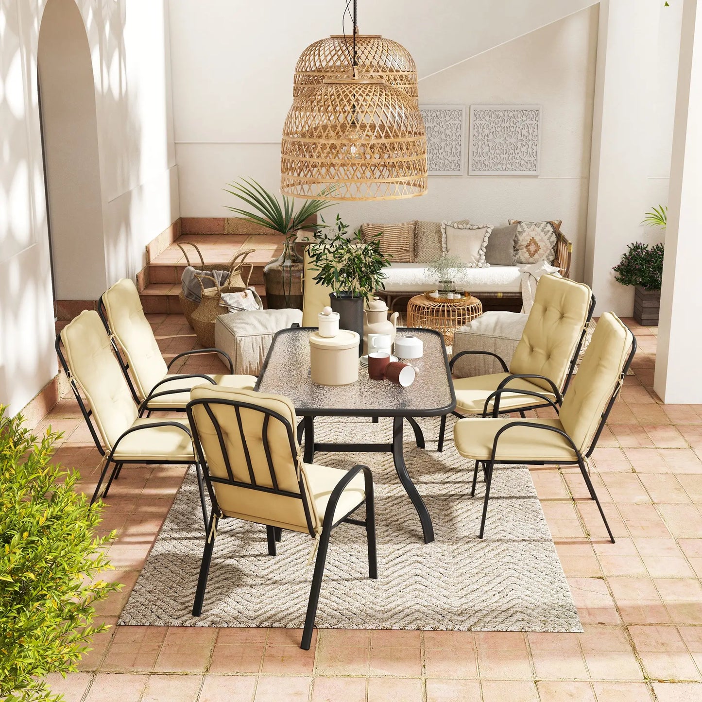 Seven-Piece Garden Dining Set with Cushions - Beige