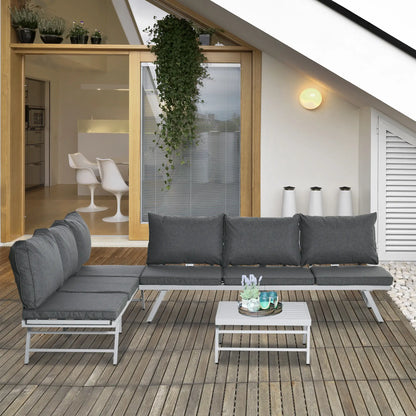 3 Pieces Garden Furniture Sets, 6 Seater Corner Sofa Set with Adjustable Backrest Chase Lounge with Slatted Metal Top Table, Padded Cushion, Grey