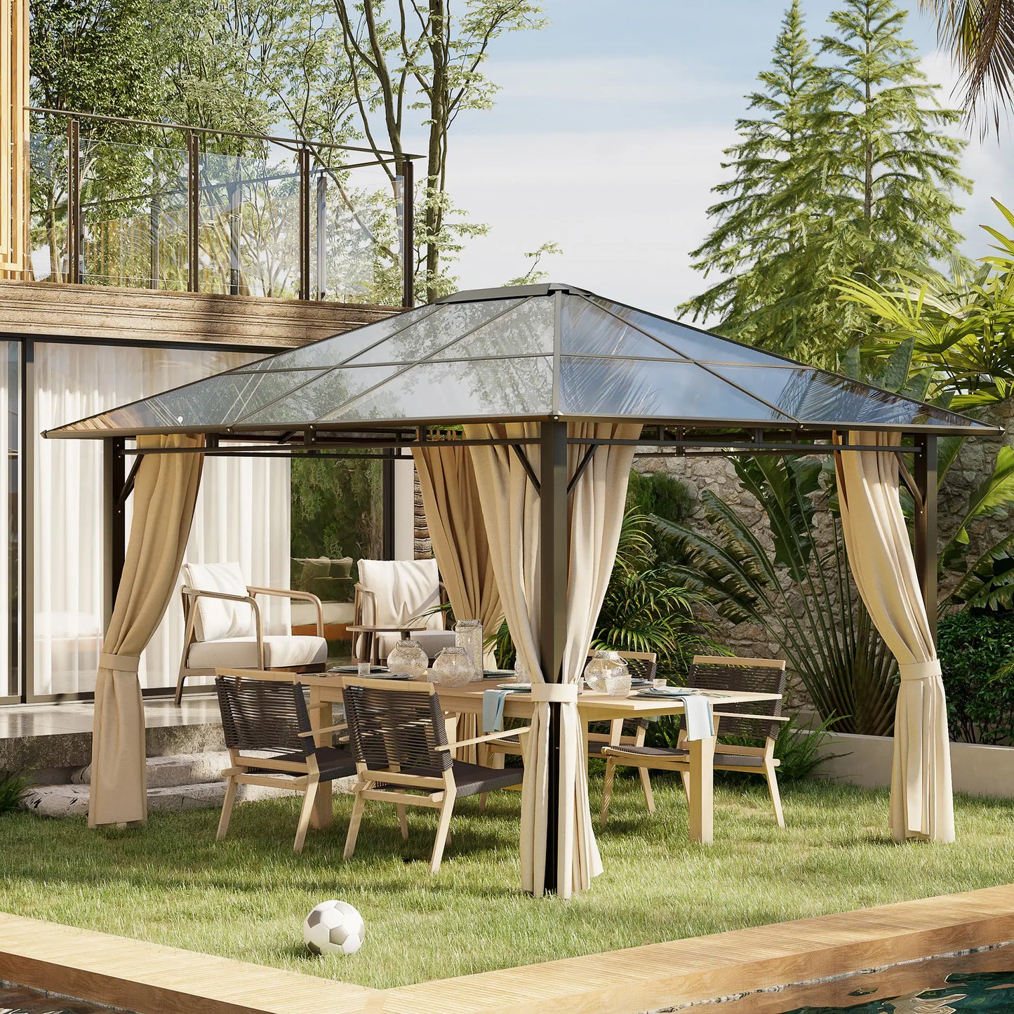 3 x 3.6m Hardtop Gazebo Canopy with Polycarbonate Roof Garden Pavilion with Removable Curtains and Steel Frame, Brown