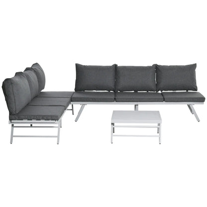 3 Pieces Garden Furniture Sets, 6 Seater Corner Sofa Set with Adjustable Backrest Chase Lounge with Slatted Metal Top Table, Padded Cushion, Grey