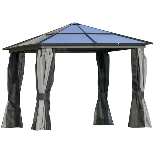 3 x 3(m) Hardtop Gazebo Canopy with Polycarbonate Roof, Aluminium Frame, Permanent Pavilion Garden Gazebo with Netting and Curtains for Patio, Deck, Dark Grey