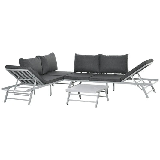 3 Pieces Garden Furniture Sets, 6 Seater Corner Sofa Set with Adjustable Backrest Chase Lounge with Slatted Metal Top Table, Padded Cushion, Grey