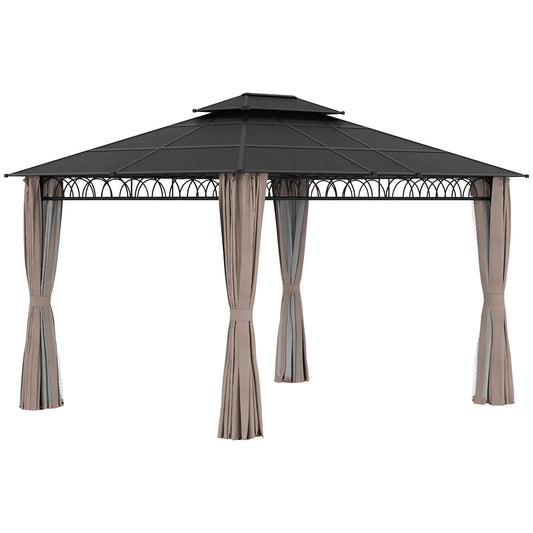 3.6 x 3 (m) Outdoor Polycarbonate Gazebo, Double Roof Hard Top Gazebo with Nettings & Curtains for Garden, Lawn, Patio