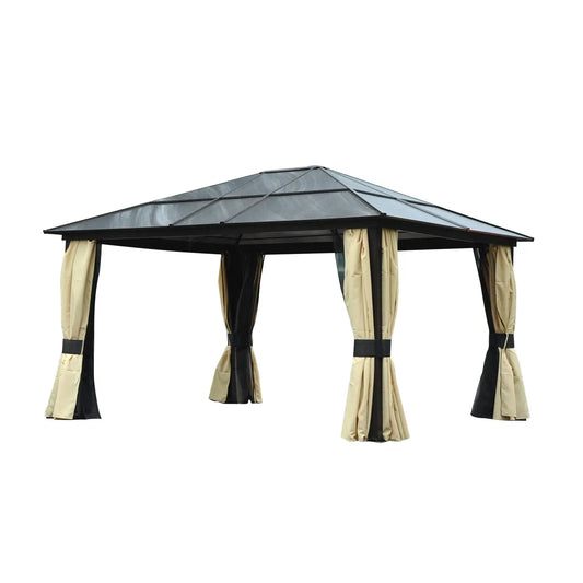 3.6 x 4m Hardtop Gazebo Canopy with Polycarbonate Roof and Aluminium Frame, Garden Pavilion with Mosquito Netting and Curtains