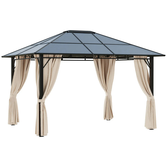 3 x 3.6m Hardtop Gazebo Canopy with Polycarbonate Roof Garden Pavilion with Removable Curtains and Steel Frame, Brown
