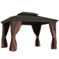 3 x 3.7m Outdoor Hardtop Gazebo Canopy Aluminium Frame with 2-Tier Roof & Mesh Netting Sidewalls for Patio, Dark Brown