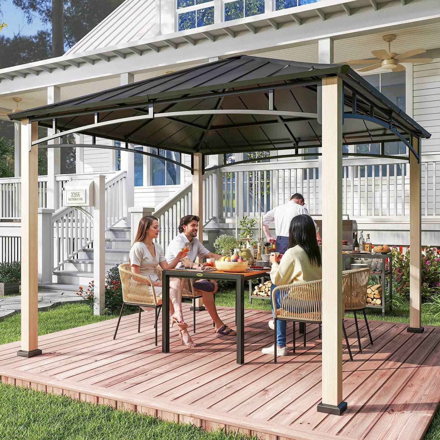 3 x 3 m Decorative Metal Gazebo - Black/Wood-Effect