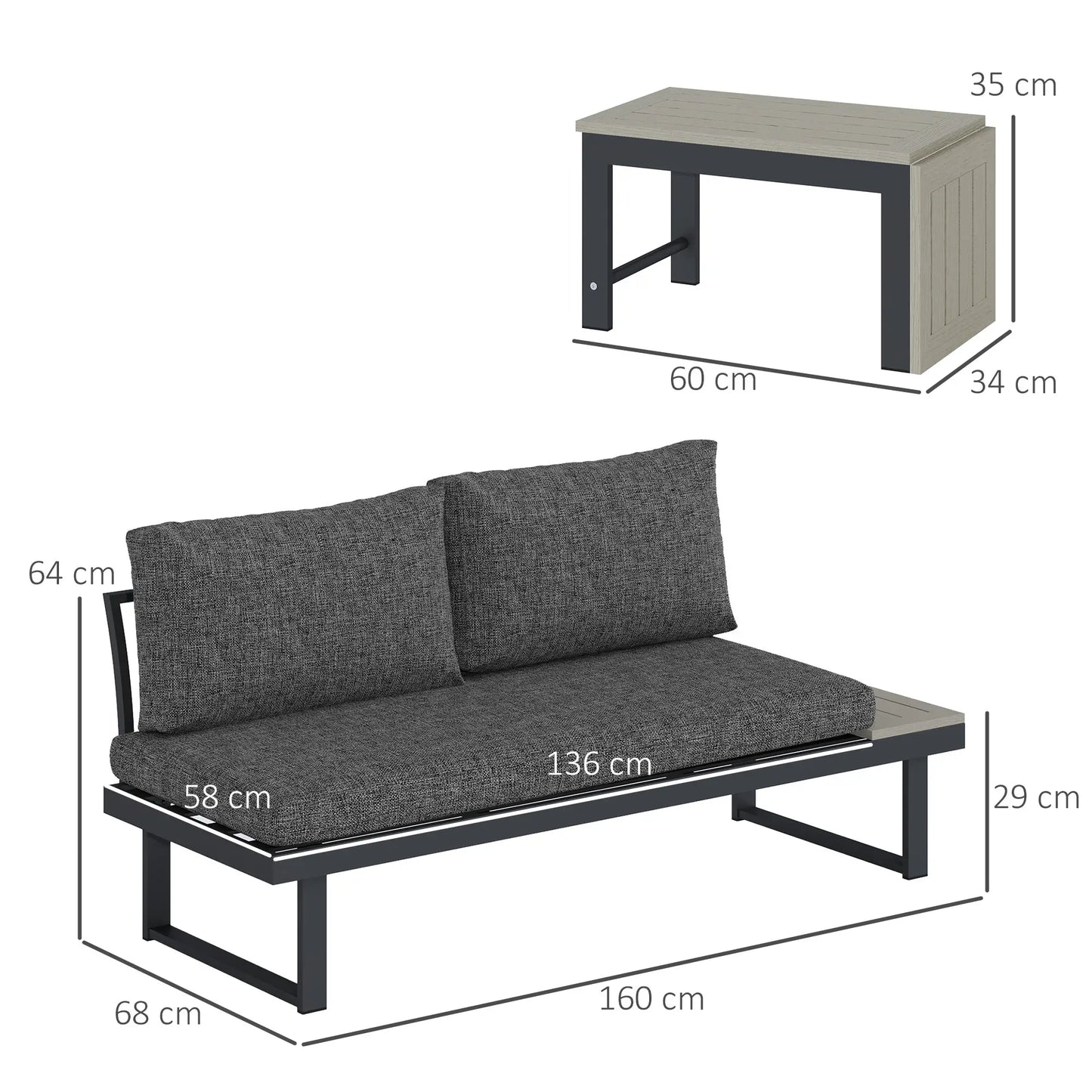 4 Seater L Shaped Aluminium Sectional Garden Furniture Set with 2 Loveseats and Wood-Plastic Coffee Table - Dark Grey