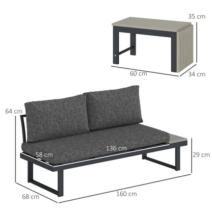 4 Seater L Shaped Aluminium Sectional Garden Furniture Set with 2 Loveseats and Wood-Plastic Coffee Table - Dark Grey