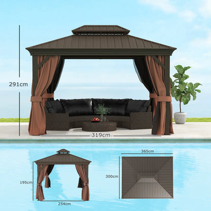 3 x 3.7m Outdoor Hardtop Gazebo Canopy Aluminium Frame with 2-Tier Roof & Mesh Netting Sidewalls for Patio, Dark Brown
