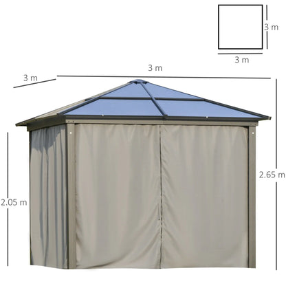 3 x 3(m) Hardtop Gazebo Canopy with Polycarbonate Roof, Aluminium Frame, Permanent Pavilion Garden Gazebo with Netting and Curtains for Patio, Deck, Dark Grey