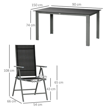 7 Piece Garden Dining Set, Outdoor Table and 6 Folding and Reclining Chairs, Aluminium Frame, Tempered Glass Top Table, Texteline Seats, Black