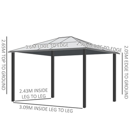 3 x 3.6(m) Hardtop Gazebo Canopy with Polycarbonate Roof and Aluminium Frame, Garden Pavilion with Mosquito Netting and Curtains, Brown