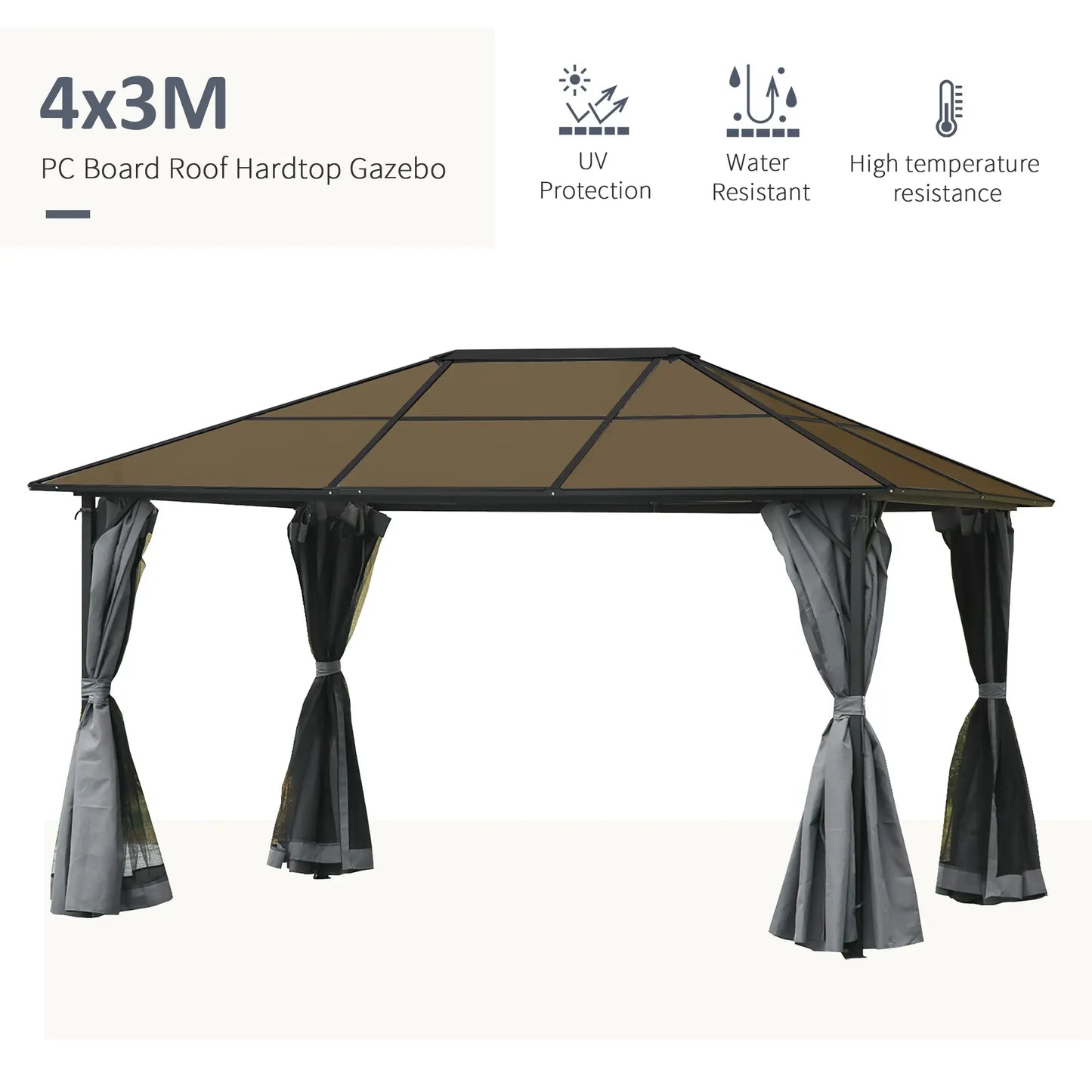 3 x 4m Hardtop Gazebo Canopy with Polycarbonate Roof, Aluminium Frame, Permanent Pavilion Garden Gazebo with Netting and Curtains - Grey