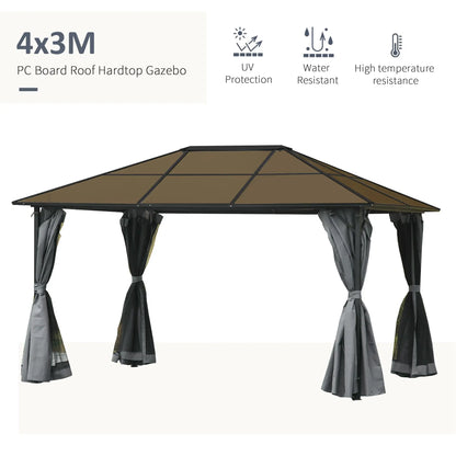 3 x 4m Hardtop Gazebo Canopy with Polycarbonate Roof, Aluminium Frame, Permanent Pavilion Garden Gazebo with Netting and Curtains - Grey