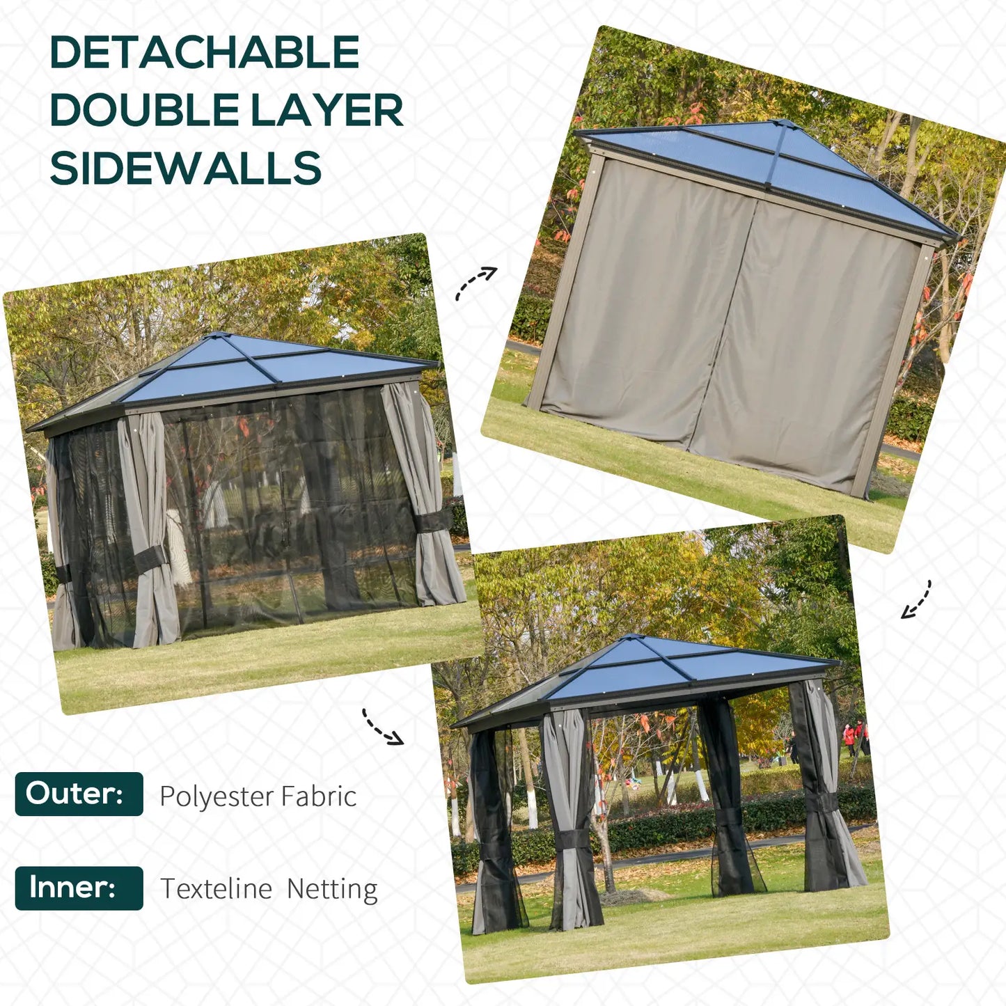 3 x 3(m) Hardtop Gazebo Canopy with Polycarbonate Roof, Aluminium Frame, Permanent Pavilion Garden Gazebo with Netting and Curtains for Patio, Deck, Dark Grey