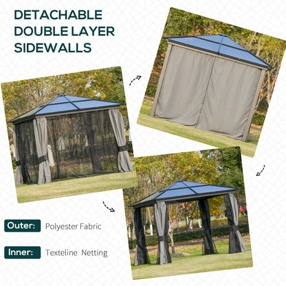 3 x 3(m) Hardtop Gazebo Canopy with Polycarbonate Roof, Aluminium Frame, Permanent Pavilion Garden Gazebo with Netting and Curtains for Patio, Deck, Dark Grey
