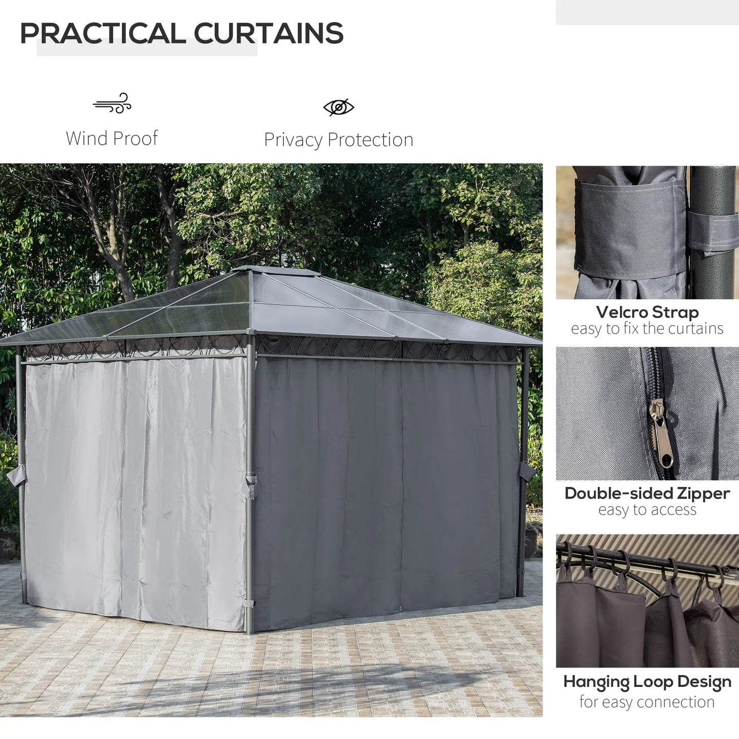 3 x 3.6m Hardtop Gazebo Canopy with Polycarbonate Roof, Permanent Pavilion Garden Gazebo with Curtains for Patio, Deck, Grey
