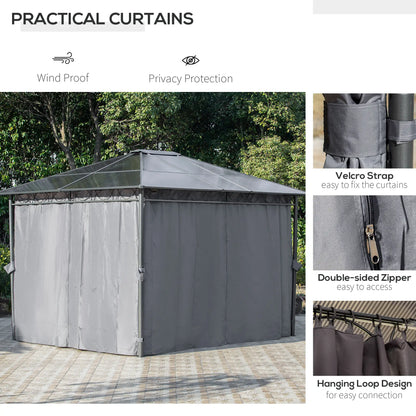 3 x 3.6m Hardtop Gazebo Canopy with Polycarbonate Roof, Permanent Pavilion Garden Gazebo with Curtains for Patio, Deck, Grey