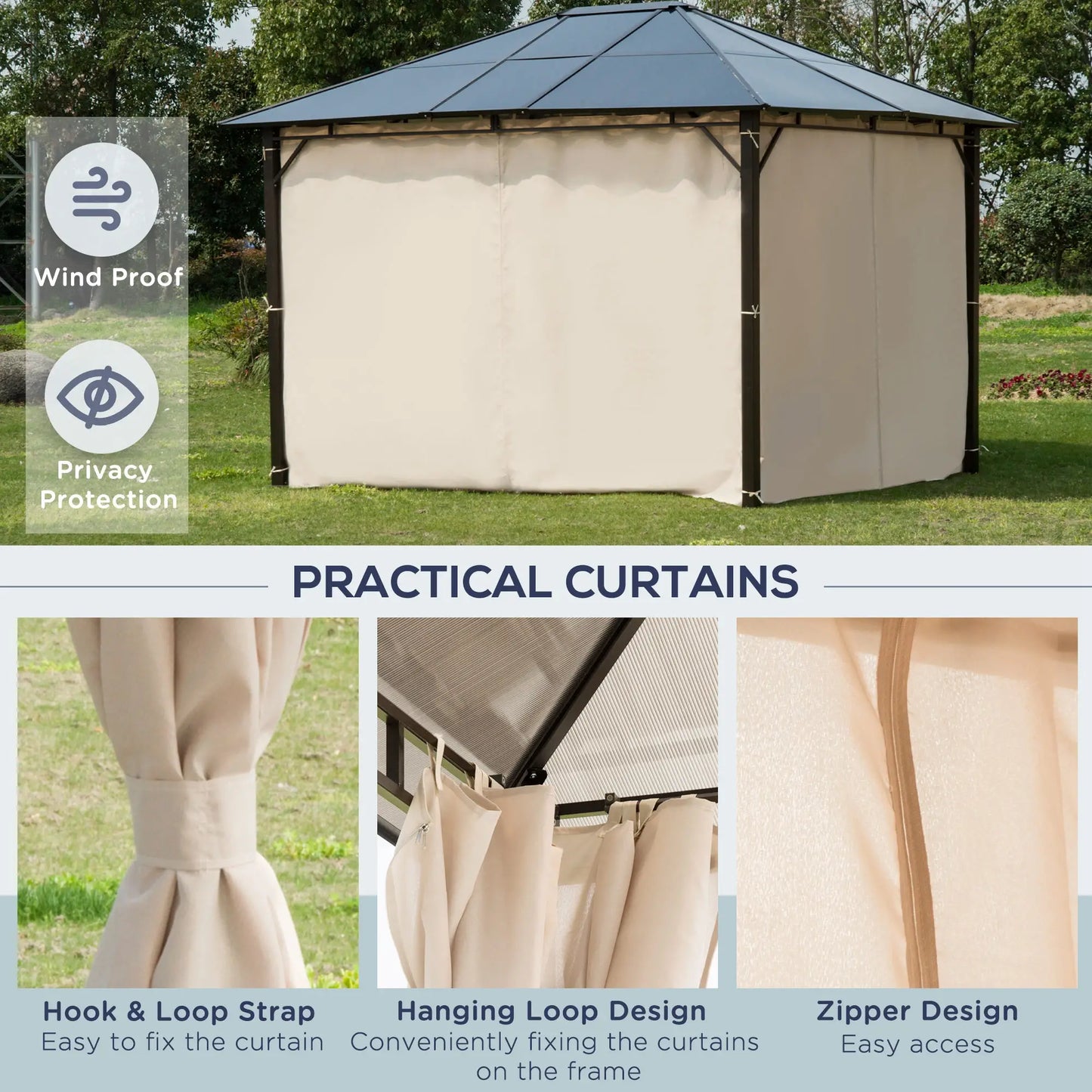 3 x 3.6m Hardtop Gazebo Canopy with Polycarbonate Roof Garden Pavilion with Removable Curtains and Steel Frame, Brown