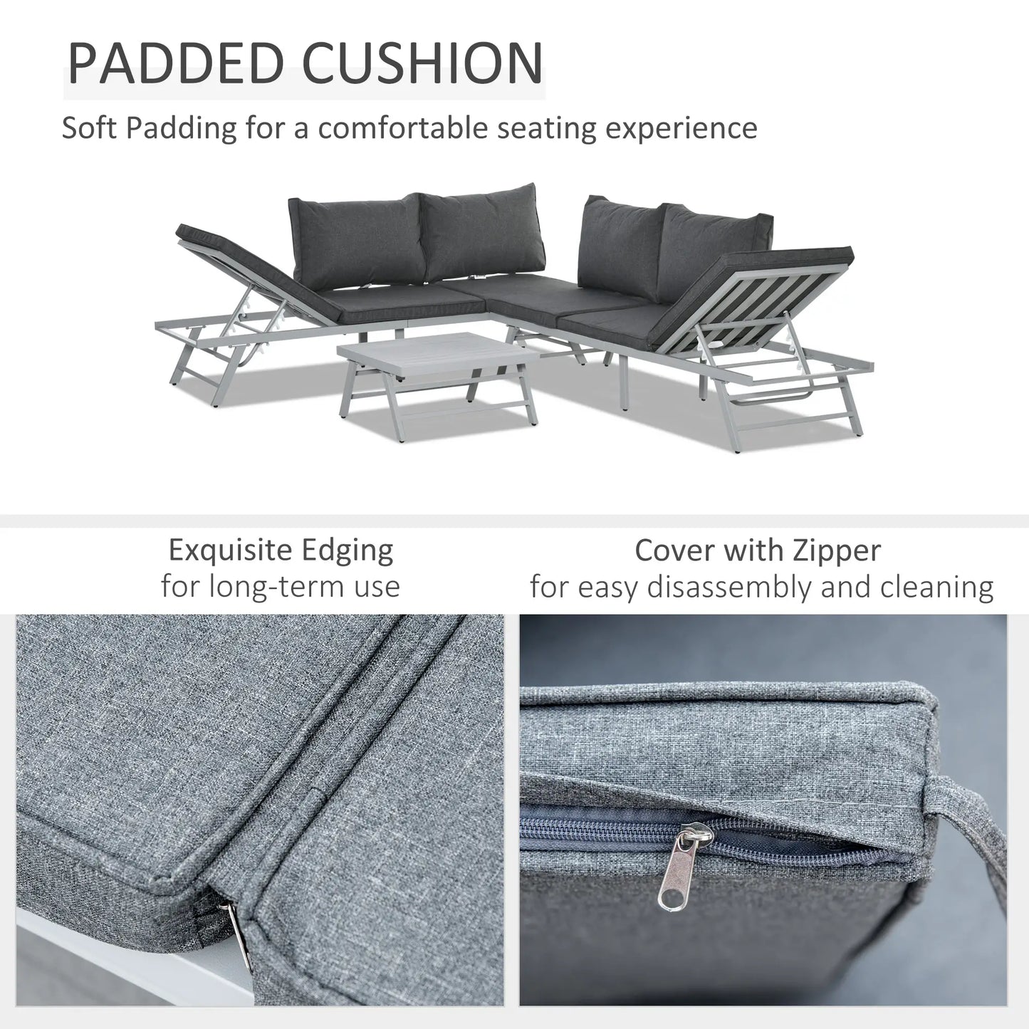 3 Pieces Garden Furniture Sets, 6 Seater Corner Sofa Set with Adjustable Backrest Chase Lounge with Slatted Metal Top Table, Padded Cushion, Grey