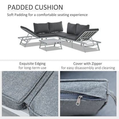 3 Pieces Garden Furniture Sets, 6 Seater Corner Sofa Set with Adjustable Backrest Chase Lounge with Slatted Metal Top Table, Padded Cushion, Grey
