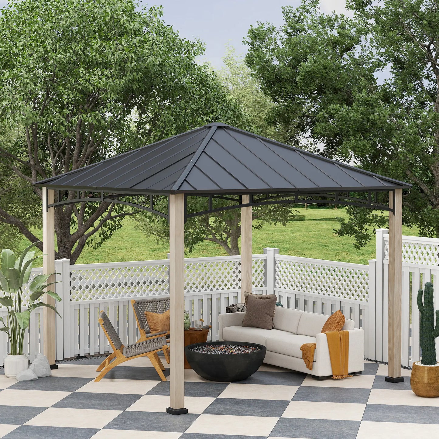 3 x 3 m Decorative Metal Gazebo - Black/Wood-Effect