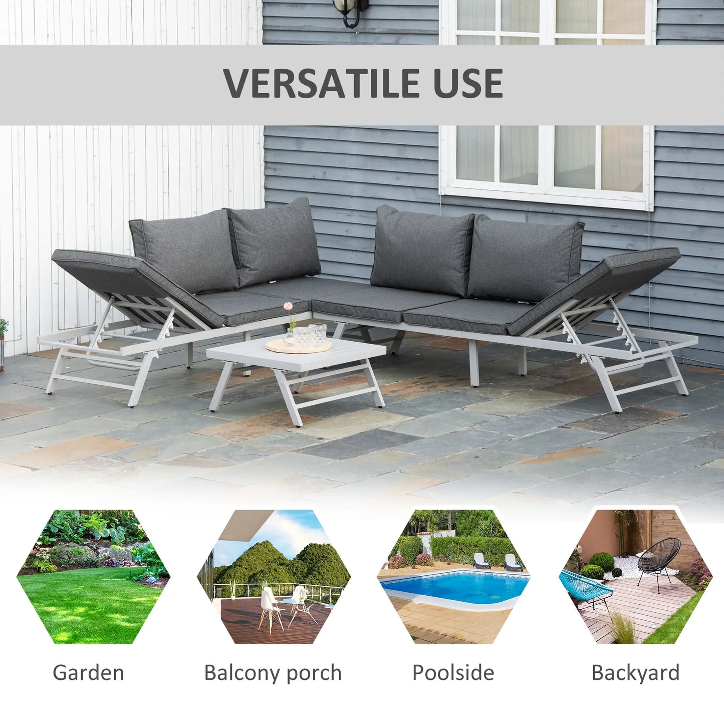 3 Pieces Garden Furniture Sets, 6 Seater Corner Sofa Set with Adjustable Backrest Chase Lounge with Slatted Metal Top Table, Padded Cushion, Grey