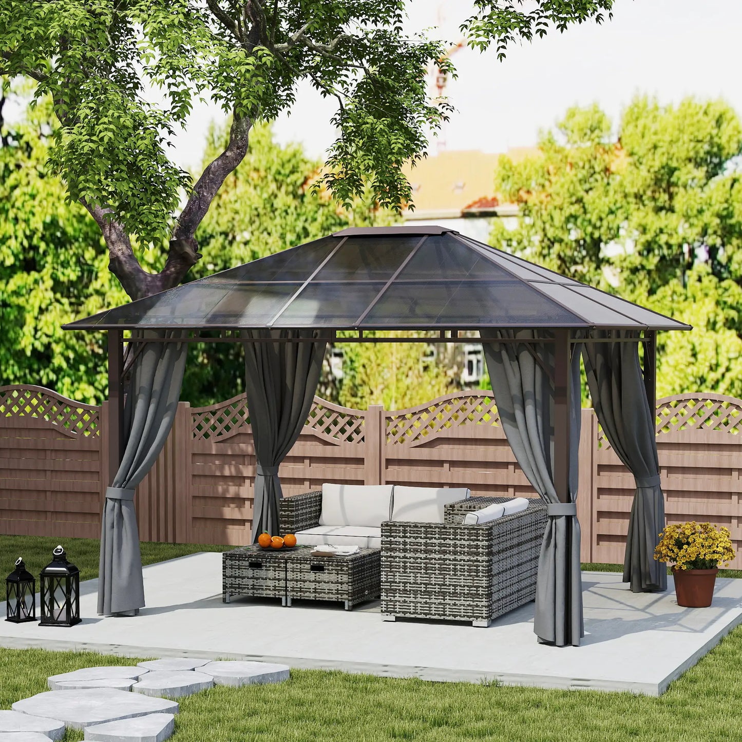 3 x 3.6m Hardtop Gazebo Canopy with Polycarbonate Roof Garden Pavilion with Removable Curtains and Steel Frame, Dark Grey