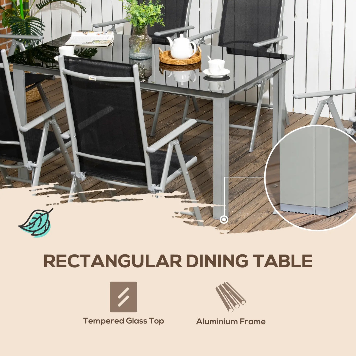 7 Piece Garden Dining Set, Outdoor Table and 6 Folding and Reclining Chairs, Aluminium Frame, Tempered Glass Top Table, Texteline Seats, Black
