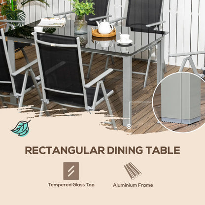 7 Piece Garden Dining Set, Outdoor Table and 6 Folding and Reclining Chairs, Aluminium Frame, Tempered Glass Top Table, Texteline Seats, Black