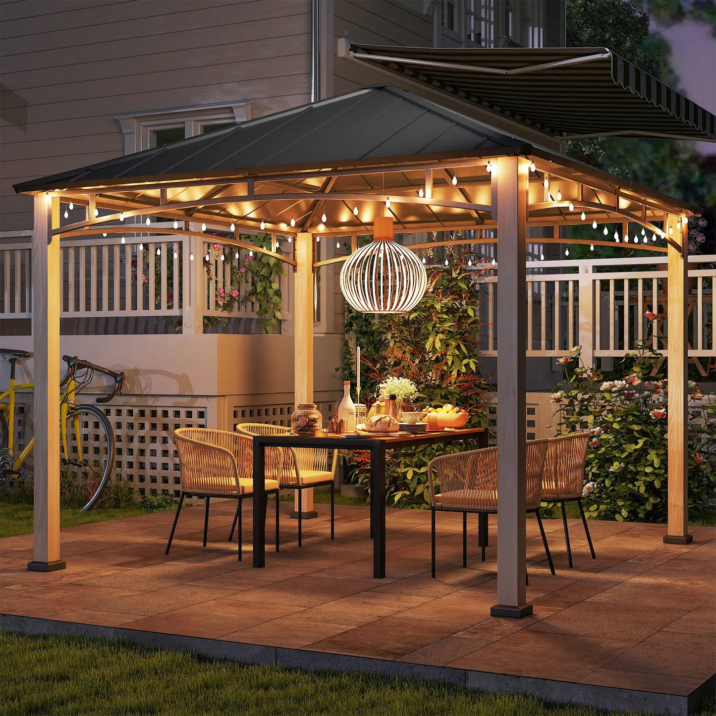 3 x 3 m Decorative Metal Gazebo - Black/Wood-Effect