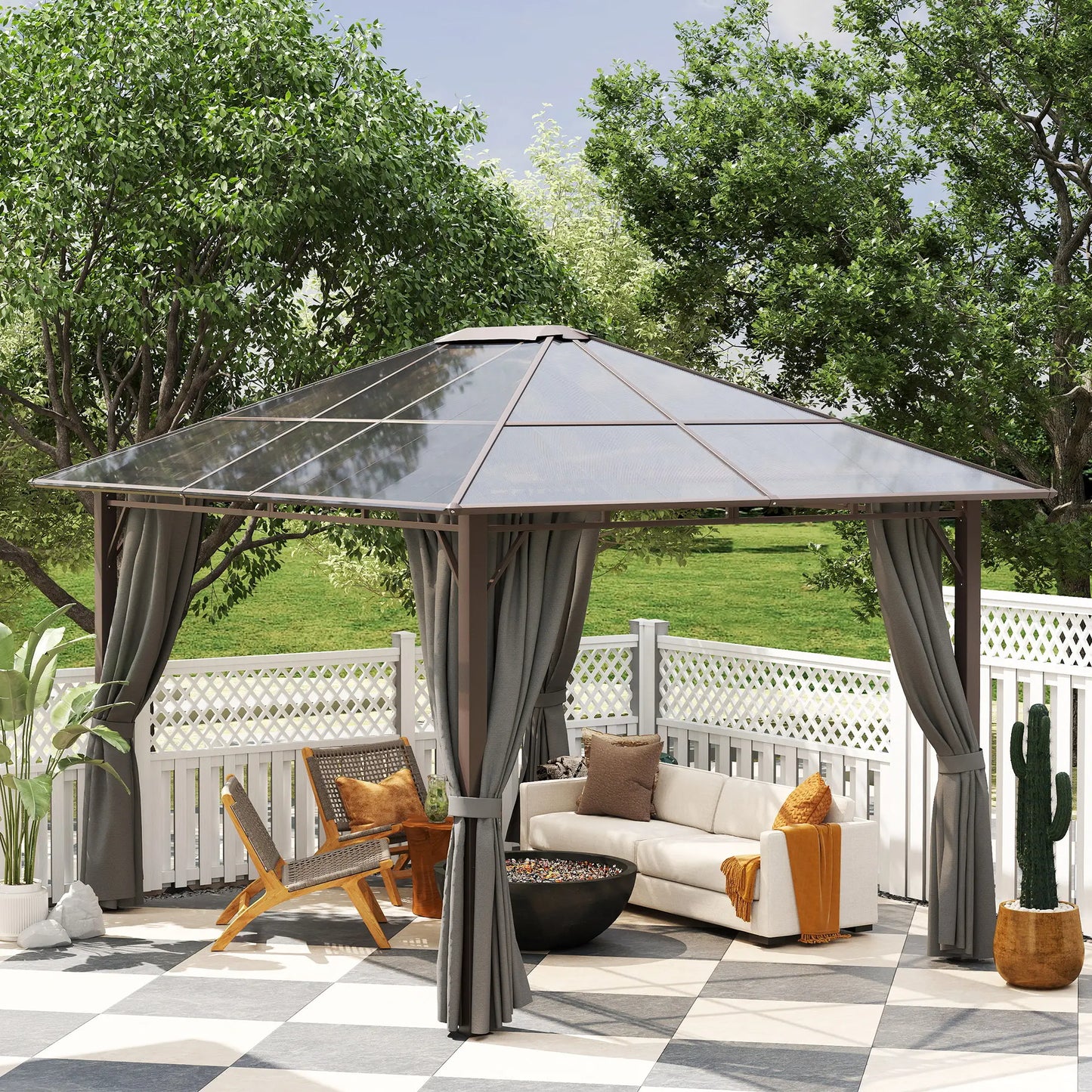 3 x 3.6m Hardtop Gazebo Canopy with Polycarbonate Roof Garden Pavilion with Removable Curtains and Steel Frame, Dark Grey