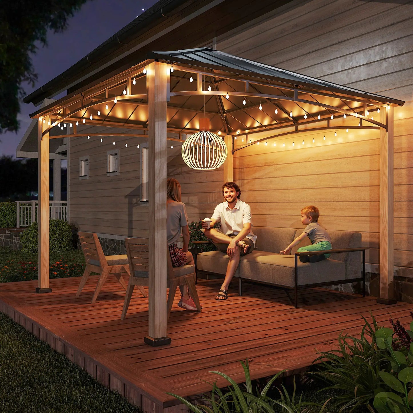 3 x 3 m Decorative Metal Gazebo - Black/Wood-Effect