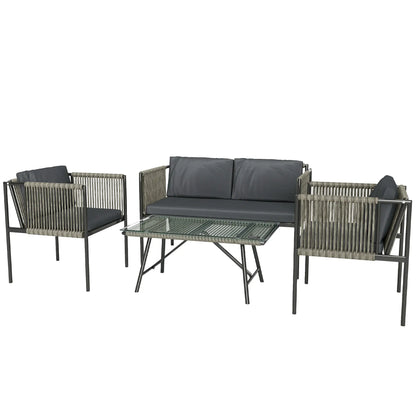 Four-Piece Round Rattan Rope Sofa Set - Grey