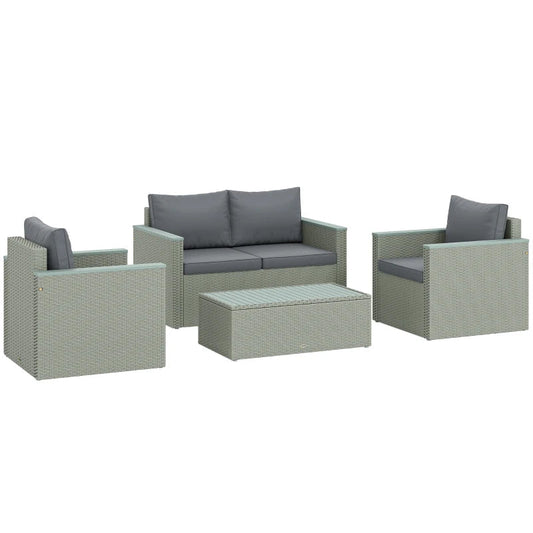 4 Piece Rattan Garden Furniture Set, 4 Seater Wicker Outdoor Sofa Set with 2 Armchairs, Loveseat, Acacia Wood Top Coffee Table, Cushions, Patio Conservatory Set for Balcony, Light Grey