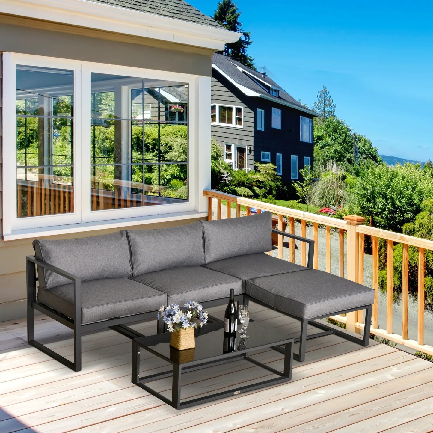 5 Pieces Outdoor Patio Furniture Set, Sofa Couch with Glass Coffee Table, Cushioned Chairs and Aluminum Tube, for Balcony Garden Backyard, Grey